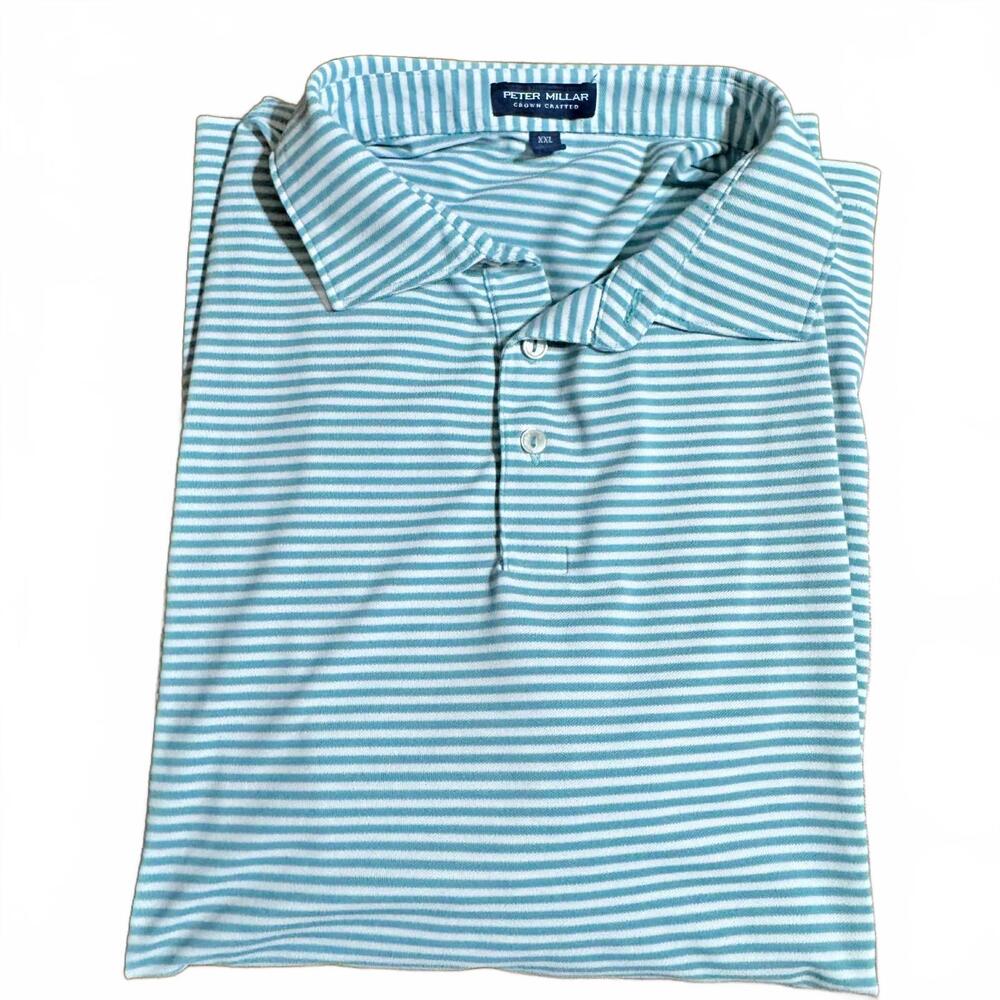 Peter Millar Crown Crafted Polo Shirt Golf Summer Comfort Blue Striped Mens XXL
